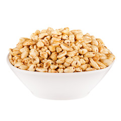 Puffed air rice wheat in bowl, isolated on white background.