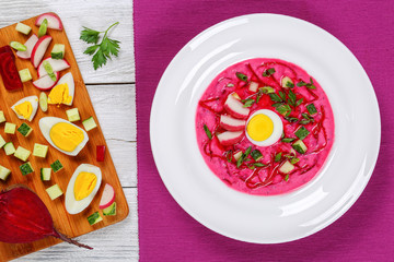 Cold beet soup with cucumber, scallions, radish