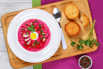 Cold soup with beetroot, cucumber, scallions, egg