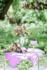 Fototapeta na wymiar Table number one with bouquet of violet flowers and little cake on it stands in the garden