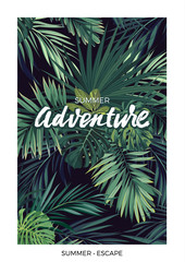 Dark vector tropical design with green jungle palm leaves and lettering.