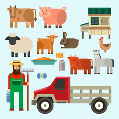Farmer character man agriculture person profession rural gardener farm animals vector illustration.