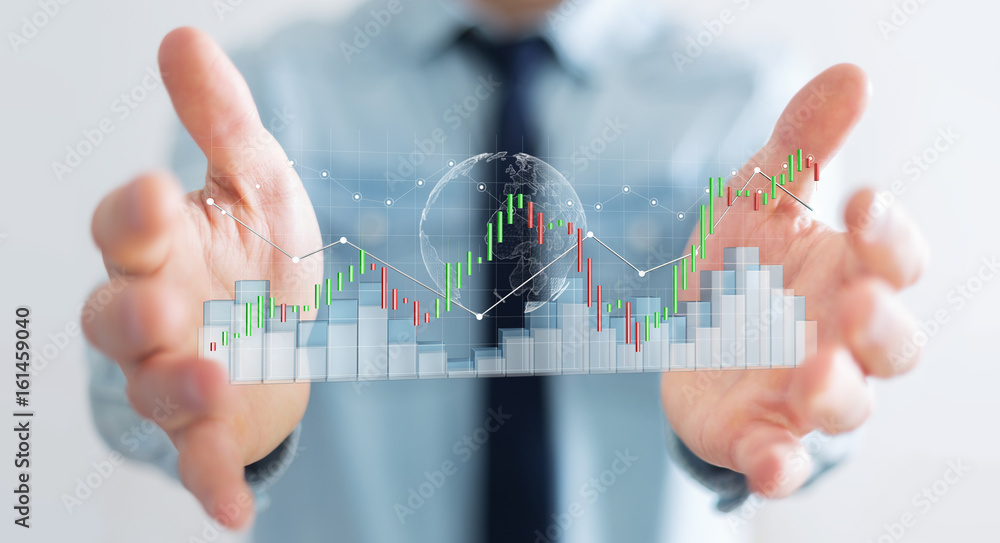 Poster businessman using digital 3d rendered stock exchange stats and charts