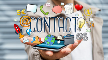 Businessman using manuscript contact text