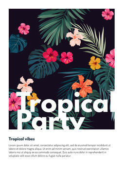 Tropical vector party flyer design with bright hibiscus flowers and exotic palm leaves on dark background.