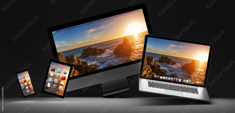 Poster dark modern computer laptop mobile phone and tablet 3d rendering