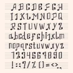 Musical decorative notes alphabet font hand mark music score abc typography glyph paper book vector illustration