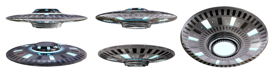 Vintage UFO collection isolated on white background 3D rendering