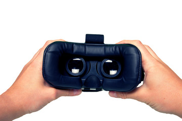 Hands of man holding virtual reality goggles. Flat lay . Stock Image
