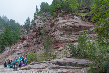 REDAGNO, ITALY - JUNE 05: Calini high school field trip in Bletterbach canyon. Geologist explain...