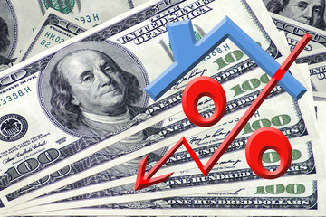 The symbol of the estate and of interest on the background of money . The concept of price changes...