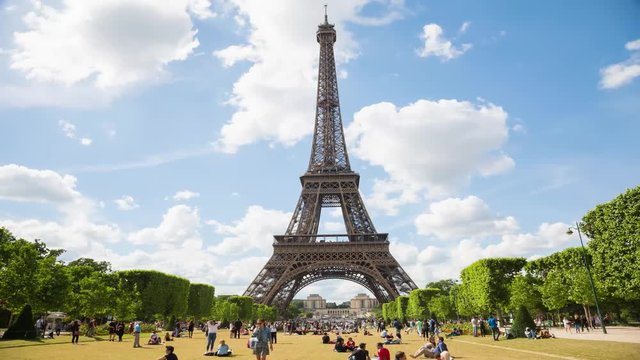 A timelapse of the Eiffel Tower, Champs de Mars. Timelapse, 4K.