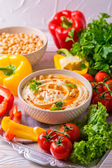 Hummus and chickpea. Jewish Cuisine. Top view