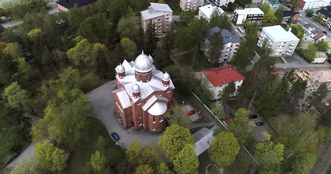 Lappeenranta church, Cinema 4k aerial orbit view around villtmandsstrand kirkko, in Karelia, Finland