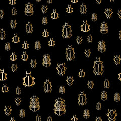Seamless pattern with gold bugs on a black background