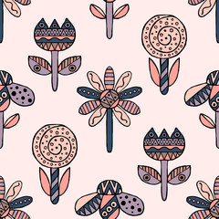 Vector seamless hand drawn pattern, decorative stylized childish flowers Doodle style, graphic illustration Ornamental cute hand drawing Series of doodle, cartoon, sketch illustrations