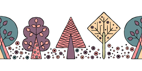 Obrazy  Wektor ręcznie rysowane wzór, granica. Dekoracyjne stylizowane dziecinne drzewa Doodle styl, plemienna ilustracja graficzna Ozdobne ładny rysunek odręczny Seria doodle, szkic kreskówek bez szwu wzorów