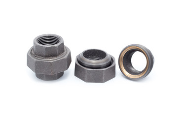 Metal pipe unions female-male threaded isolated on white