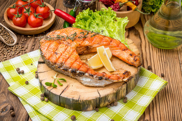 grilled salmon steak on a plate made