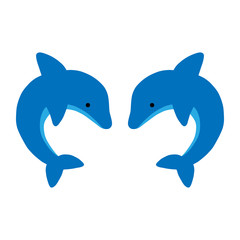 Cute blue dolphin icons, marine animals, mammals. Vector illustration doodle drawing isolated on white background.