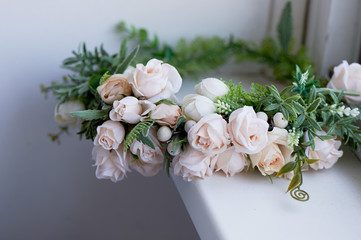 Wedding floristry. Wreath accessory for the bride. Handmade