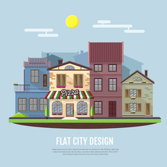 Flat style modern icon design of pizza cafe building. Retro old town design
