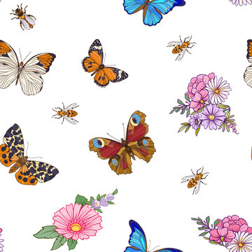 Floral seamless pattern with butterflies and bees in realistic botanical style.  Stock line vector illustration. On white background.