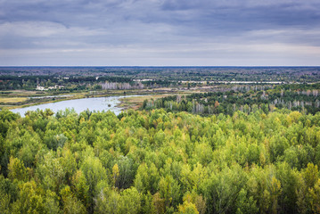 Trees and lake seen from abandoned Pripyat city in Chernobyl Exclusion Zone, Ukraine