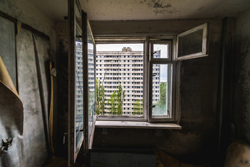 Flat in apartment building in abandoned Pripyat city in Chernobyl Exclusion Zone, Ukraine