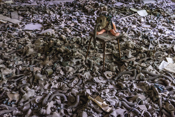 Old gas masks in abandoned school in Pripyat city in Chernobyl Exclusion Zone, Ukraine