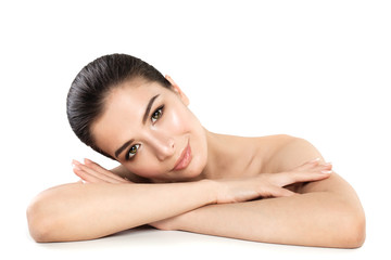 Pretty Young Woman Spa Model. Smiling Woman Relaxing on White Background. Skin Care, Spa treatment...