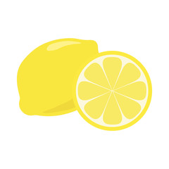 Yellow lemon citrus fruit with shadow and light reflection doodle cartoon vector illustration, isolated on white background. Whole piece and slice.