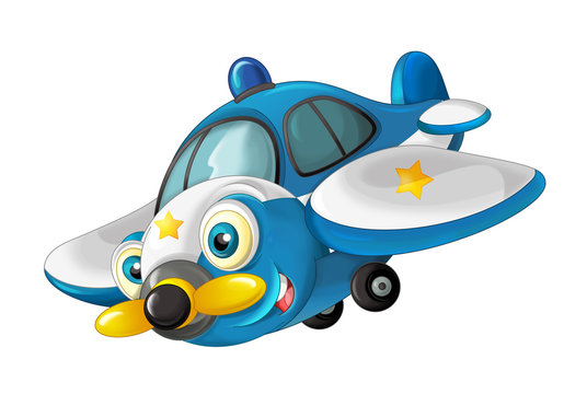 cartoon happy traditional plane with propeller - police smiling and flying