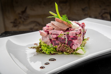 Traditional Russian and Ukrainian vegetable salad Vinaigrette.  with beets, potatoes, carrots, pickles