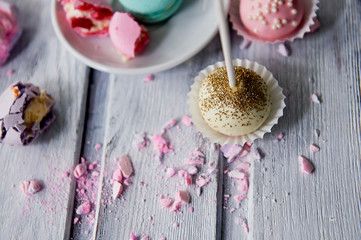 Beautiful sweets pastel shades on a beautiful wooden background. Aesthetic picture. dining, cooking, for children's parties