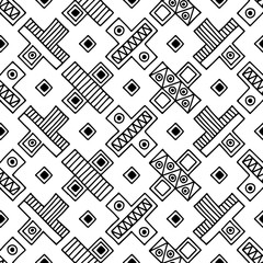 Seamless vector pattern. Black and white geometrical background with hand drawn decorative tribal elements. Print with ethnic, folk, traditional motifs. Graphic vector illustration.