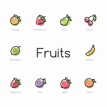 Set of colorful fruit icons isolated on light background.