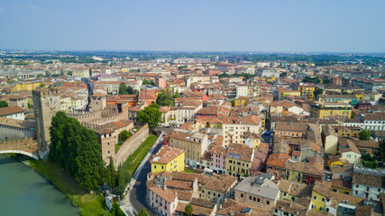Fototapeta premium Aerial video shooting with drone of Verona, city on the Adige river in Veneto famous for Romeo and Juliet a Shakespeare’s play, has been awarded World Heritage Site status by UNESCO