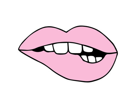 Pink lips biting, vector illustration doodle drawing. Isolated on white background.