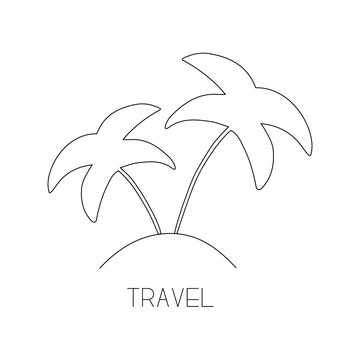 Travel icon, palm trees on island vector illustration doodle drawing. Isolated palm icons. Thin black outlined palm trees with island and writing travel.