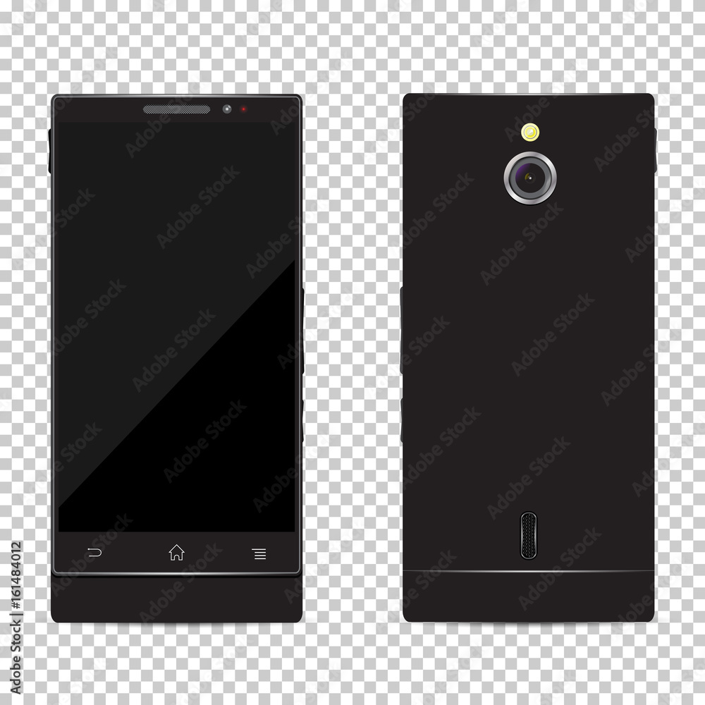 Poster black realistic smart phone mock up. front side of the gadget and back with the camera. mobile smart