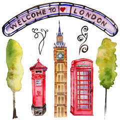 Plakat Watercolor London illustration. Great Britain hand drawn symbols.