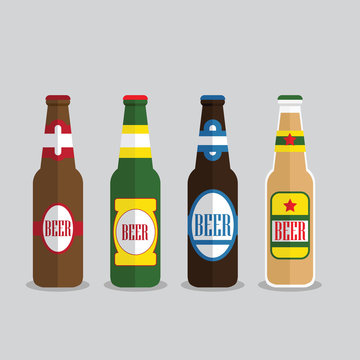Beer bottles set with label isolated on background. Colorful vector icon or sign. Symbol or design elements for restaurant, beer pub or cafe.