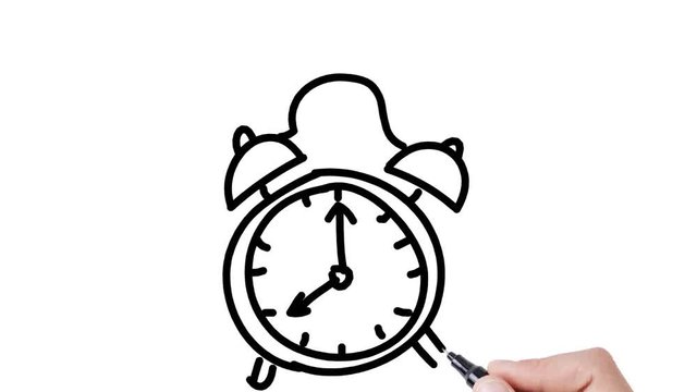 Man sketching vintage alarm clock on whiteboard background