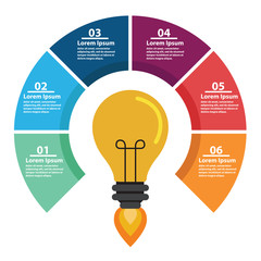 Business concept with 6 options from idea to final product. Web Template of a circle chart, diagram. Vector infographic of technology or education process. Light bulb with inscription idea .