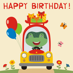 Happy birthday! Funny frog rides in car with birthday gifts and balloons. Birthday card with little frog in cartoon style.