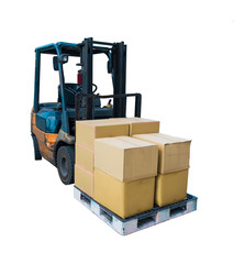 Forklift truck with boxes on pallet Isolated on White Background