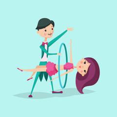 Fototapeta premium Cute magician character tricks vector illustration magic show cartoon man wizard circus