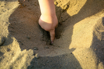 A small child dig a hole in the sand. Summer holidays. Games on playgrounds and rivers