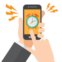 alarm alert. business appointment. hand holds smartphone. vector illustration.